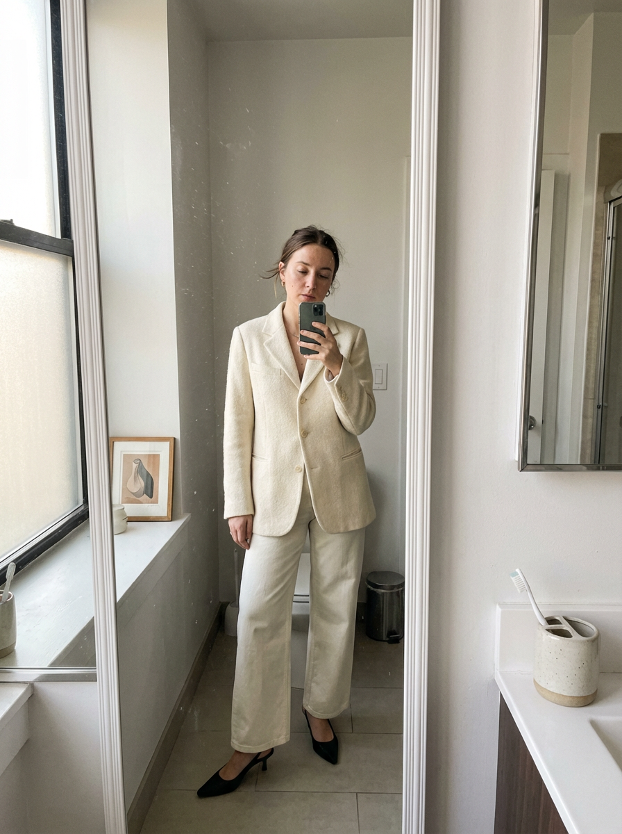 Amelia Chen wearing an AI-styled Office look in New York