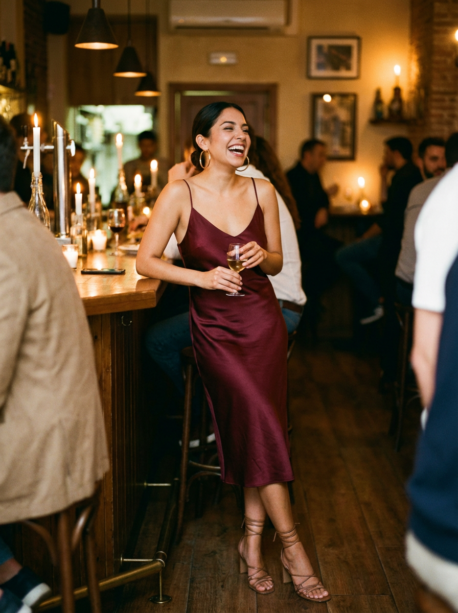 Sofia Rivera wearing an AI-styled Date Night look in Madrid