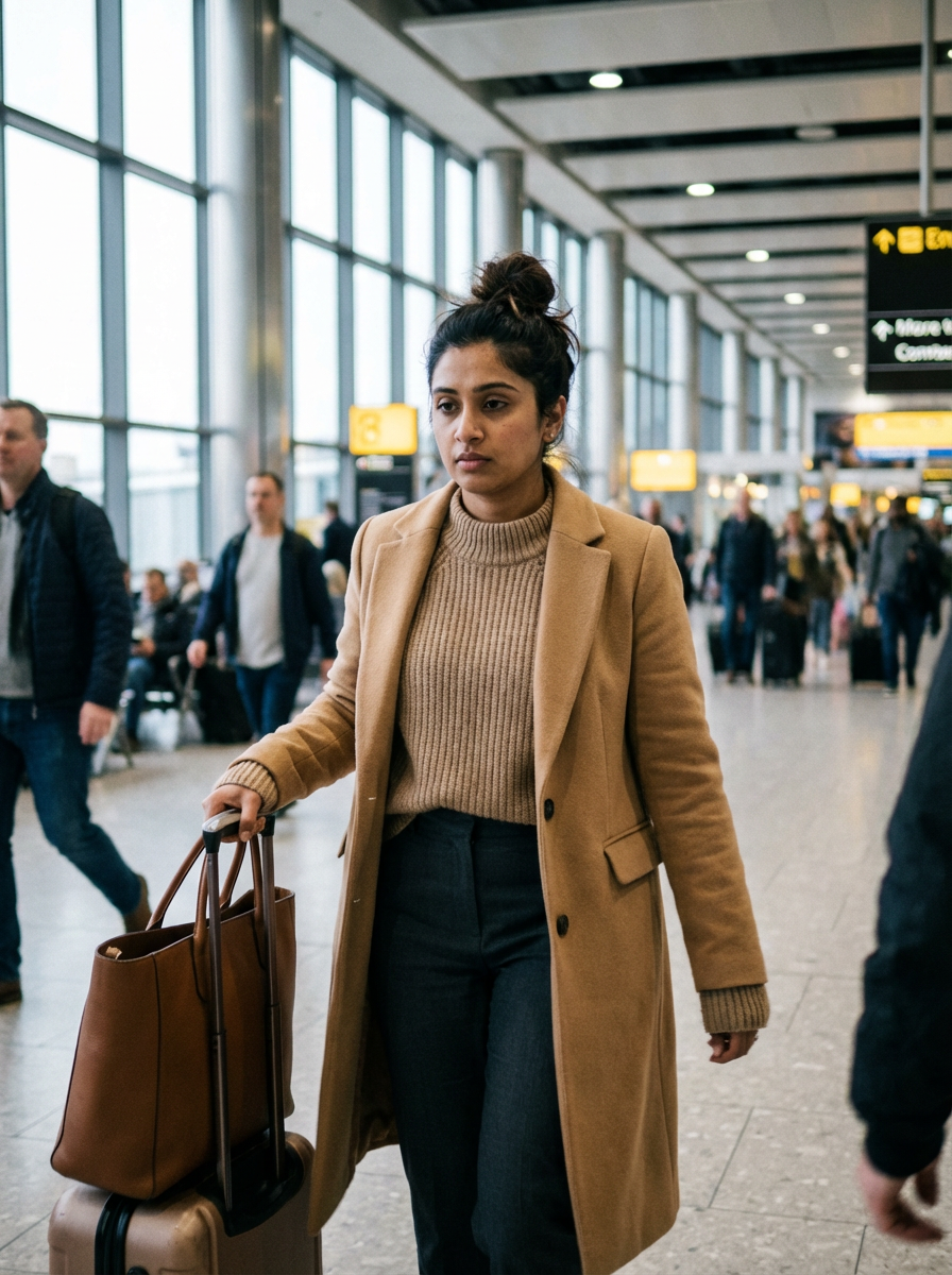 Maya Patel wearing an AI-styled Travel look in London