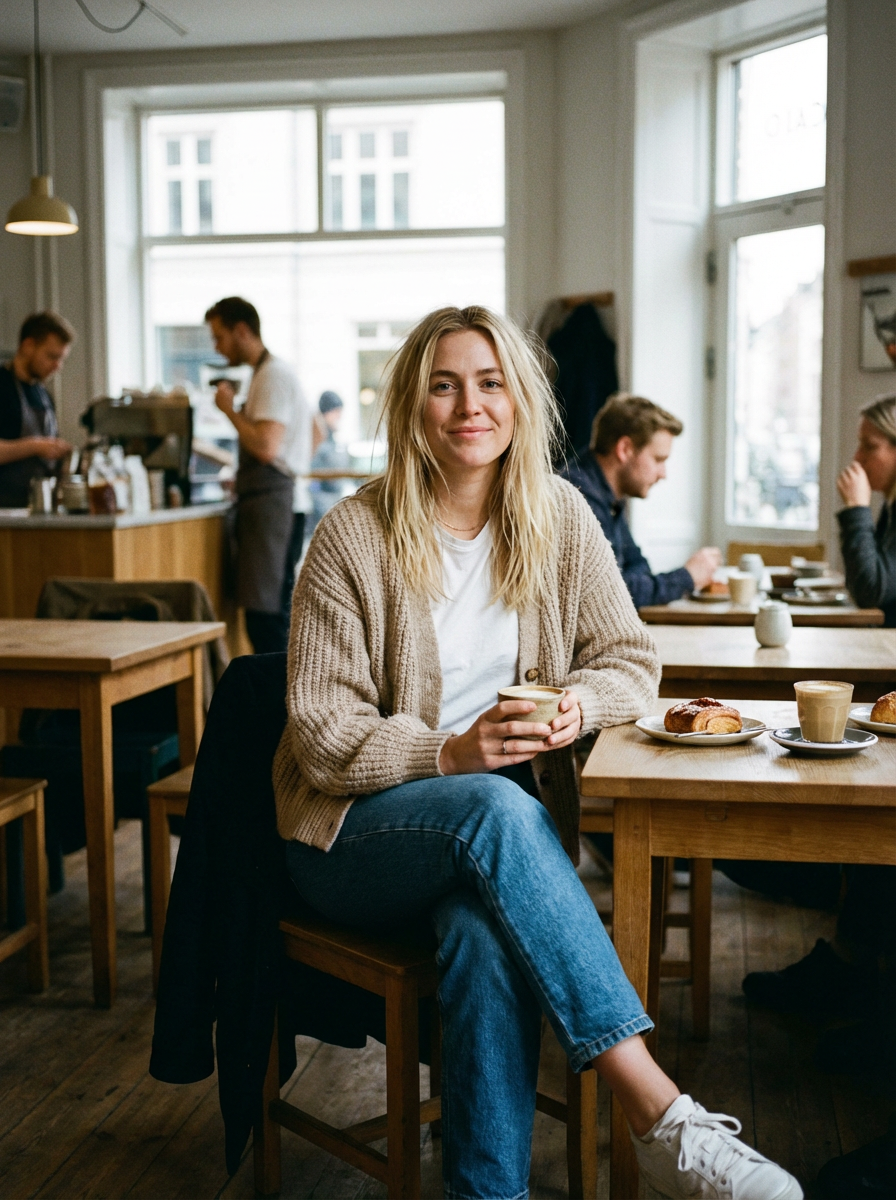 Zoe Adler wearing an AI-styled Coffee Chat look in Copenhagen