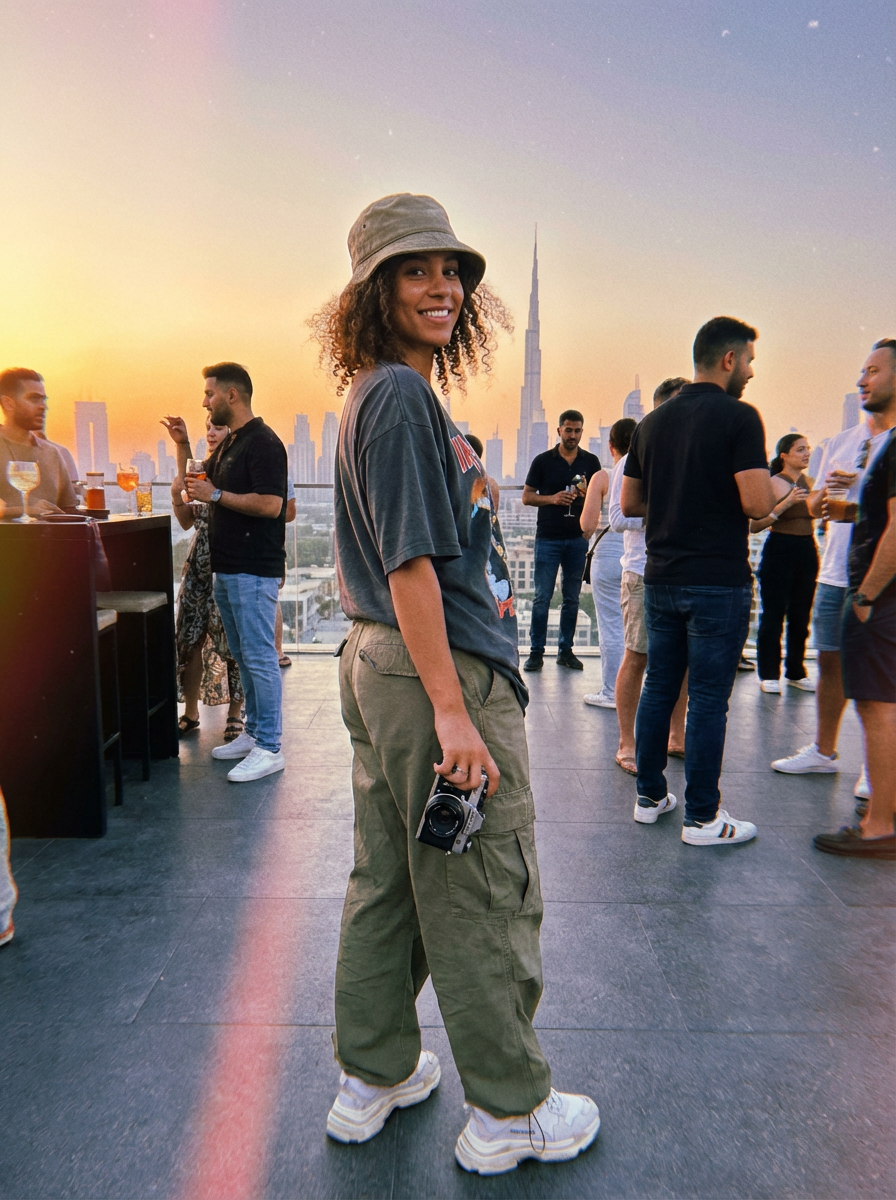 Noor Hassan wearing an AI-styled Streetwear look in Dubai