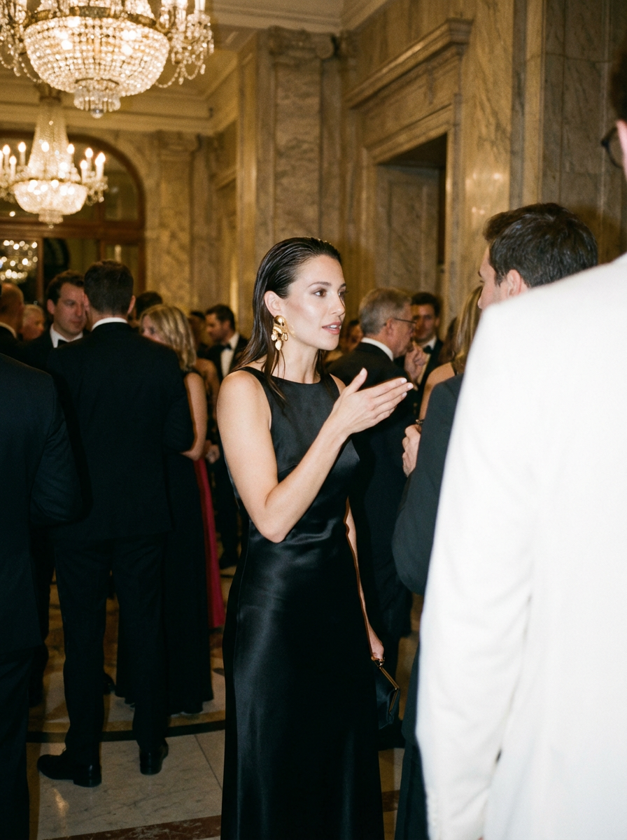 Camille Dubois wearing an AI-styled Luxury Event look in Milan