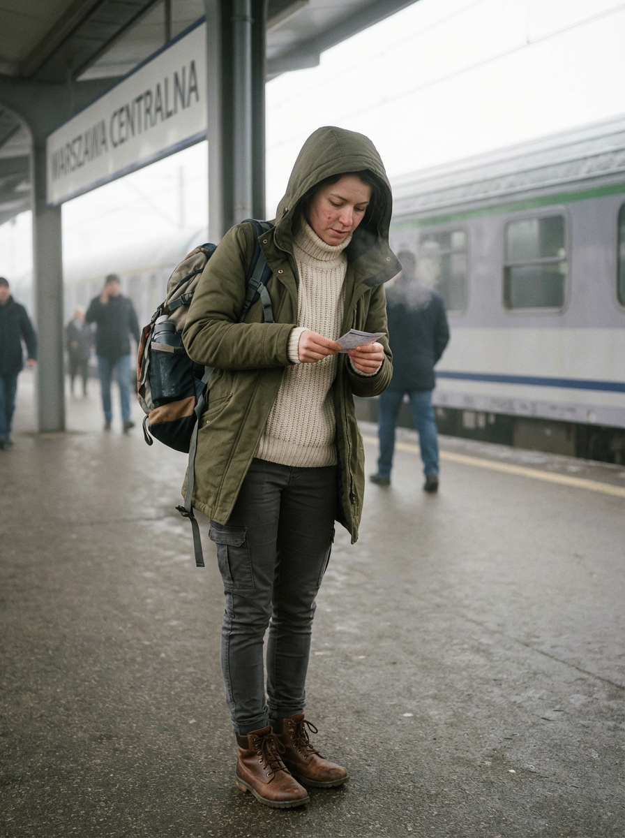 Elena Kowalski wearing an AI-styled Travel look in Warsaw