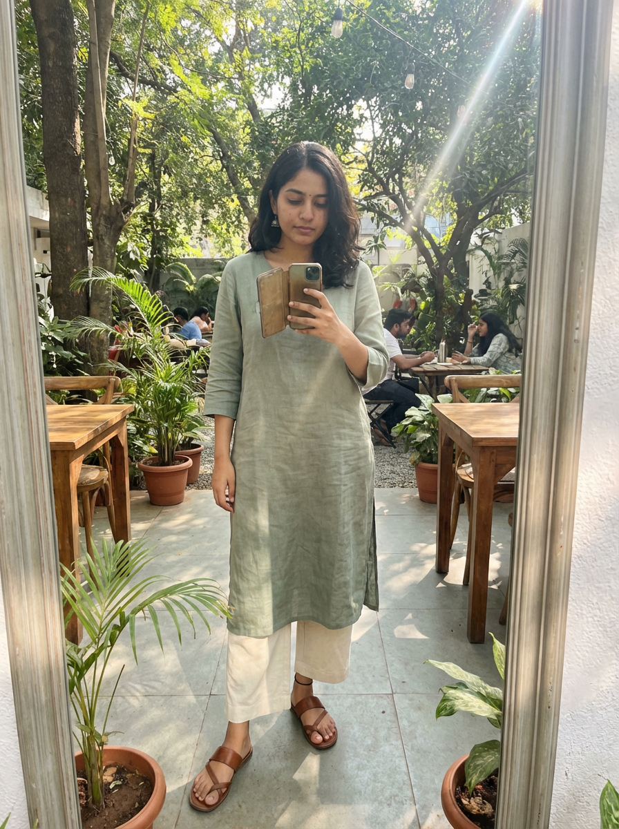 Priya Iyer wearing an AI-styled Coffee Chat look in Bangalore
