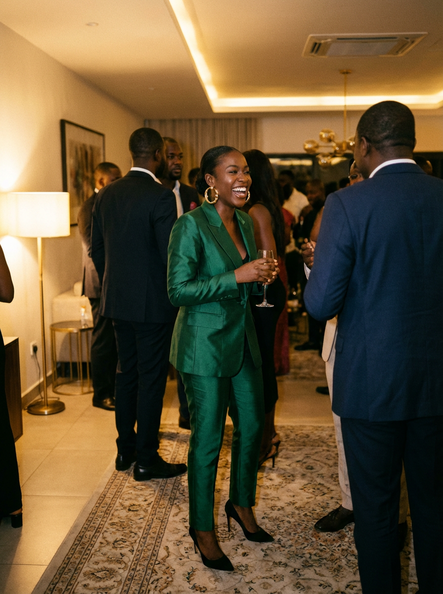 Chiamaka Okafor wearing an AI-styled Luxury Event look in Lagos