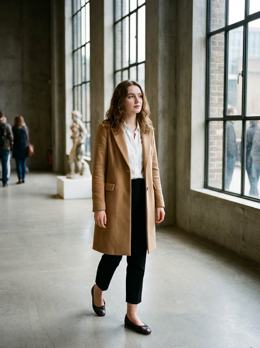 Olivia Hart wearing an AI-styled Museum look in London