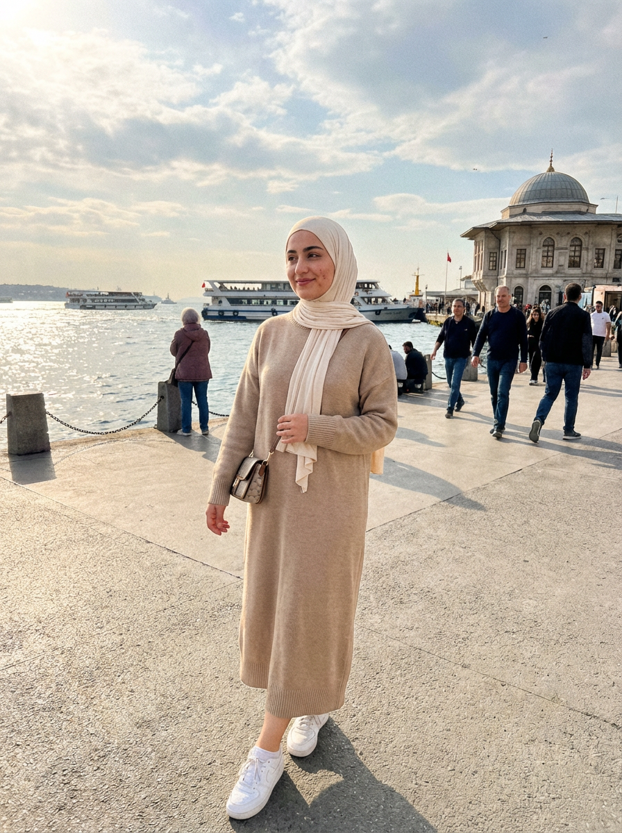 Aisha Yilmaz wearing an AI-styled Casual Weekend look in Istanbul