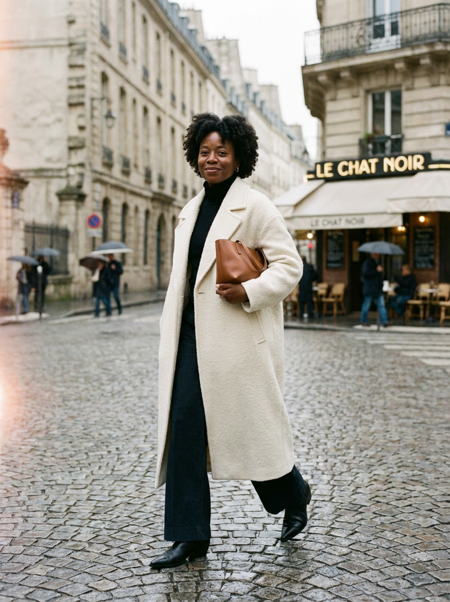 Naomi Bennett wearing an AI-styled Editorial look in Paris