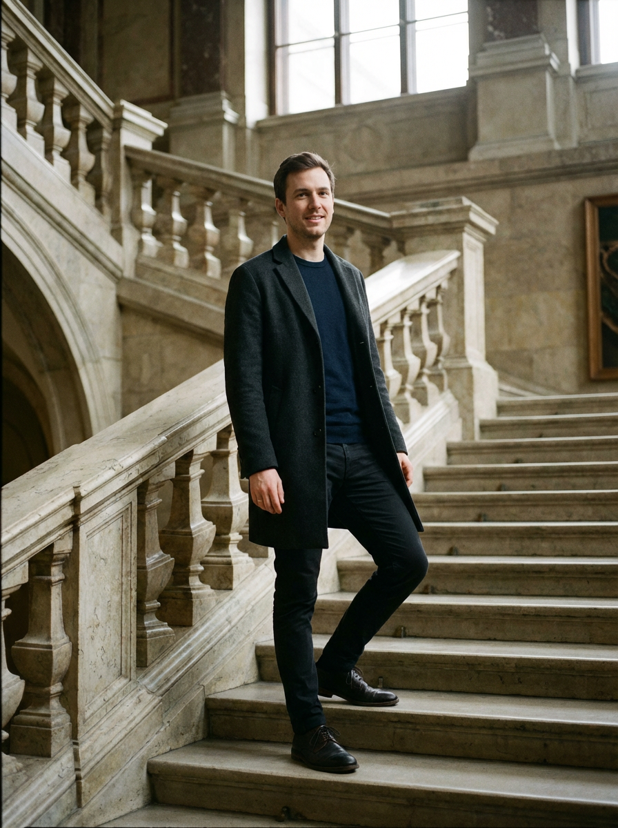 Felix Hofer wearing an AI-styled Museum look in Vienna