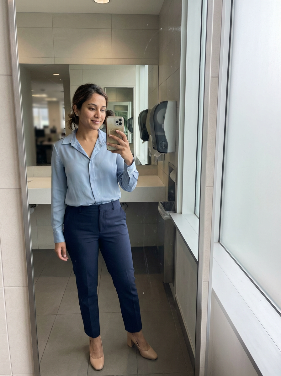 Tara Singh wearing an AI-styled Office look in Toronto
