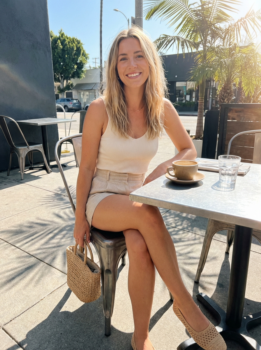 Mia Carter wearing an AI-styled Coffee Chat look in Los Angeles